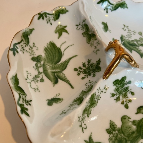 Divided White China Dish with Green Bird and Floral Designs - Picture 6 of 9